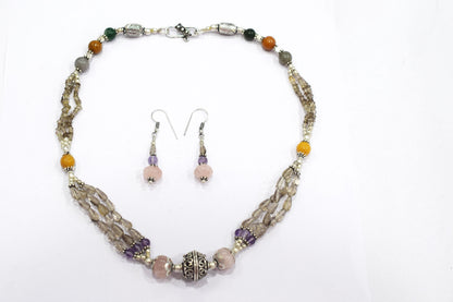 Natural Rose Quartz, Smoky Quartz & Multi Aventurine Layered Necklace Set with Matching Drop Earrings, 32816