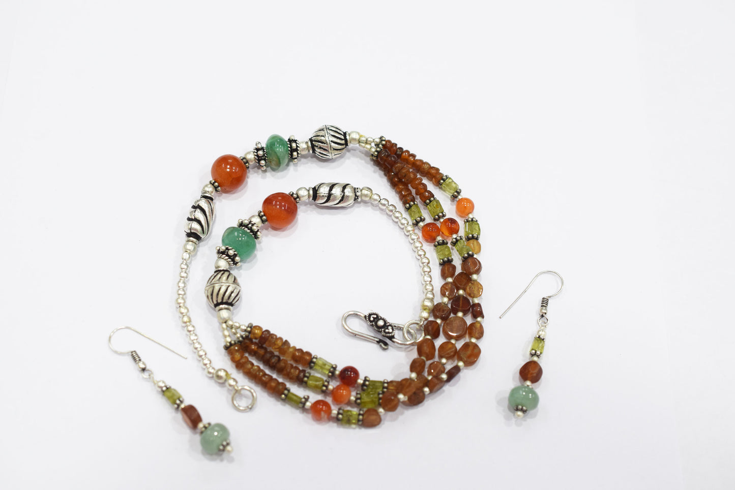 Hessonite and Carnelian Beaded Necklace Set, Natural Peridot & Green Quartz Jewelry Set for Women, 32817