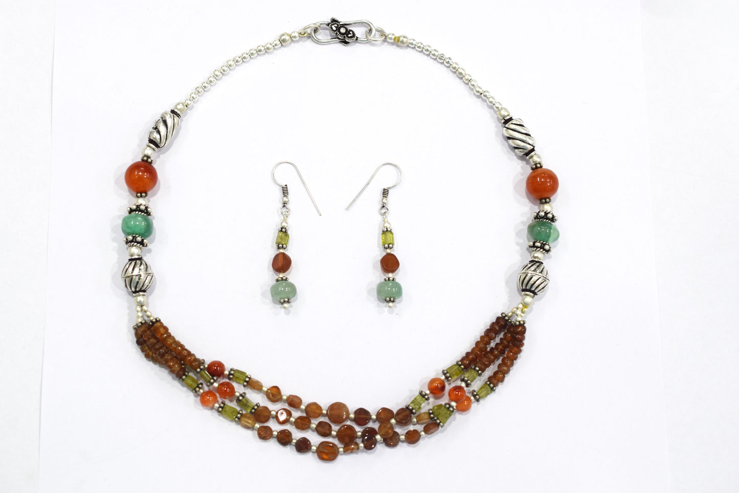 Hessonite and Carnelian Beaded Necklace Set, Natural Peridot & Green Quartz Jewelry Set for Women, 32817
