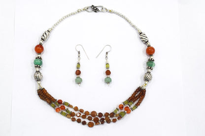 Hessonite and Carnelian Beaded Necklace Set, Natural Peridot & Green Quartz Jewelry Set for Women, 32817