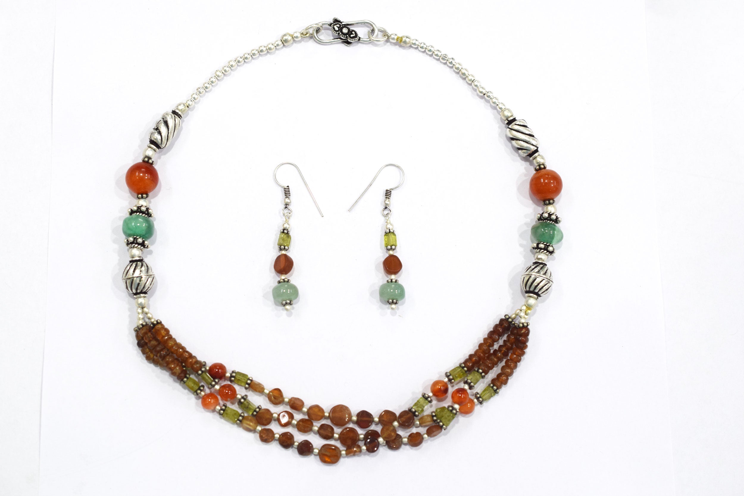 Hessonite and Carnelian Beaded Necklace Set, Natural Peridot & Green Quartz Jewelry Set for Women, 32817