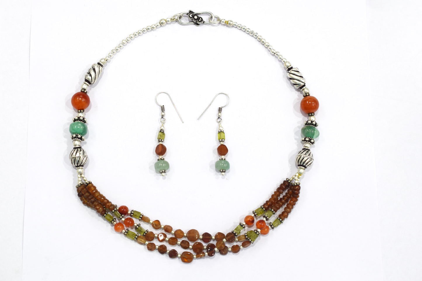 Hessonite and Carnelian Beaded Necklace Set, Natural Peridot & Green Quartz Jewelry Set for Women, 32817