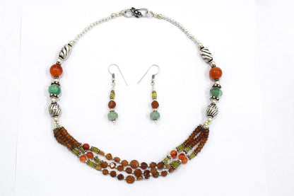 Hessonite and Carnelian Beaded Necklace Set, Natural Peridot & Green Quartz Jewelry Set for Women, 32817