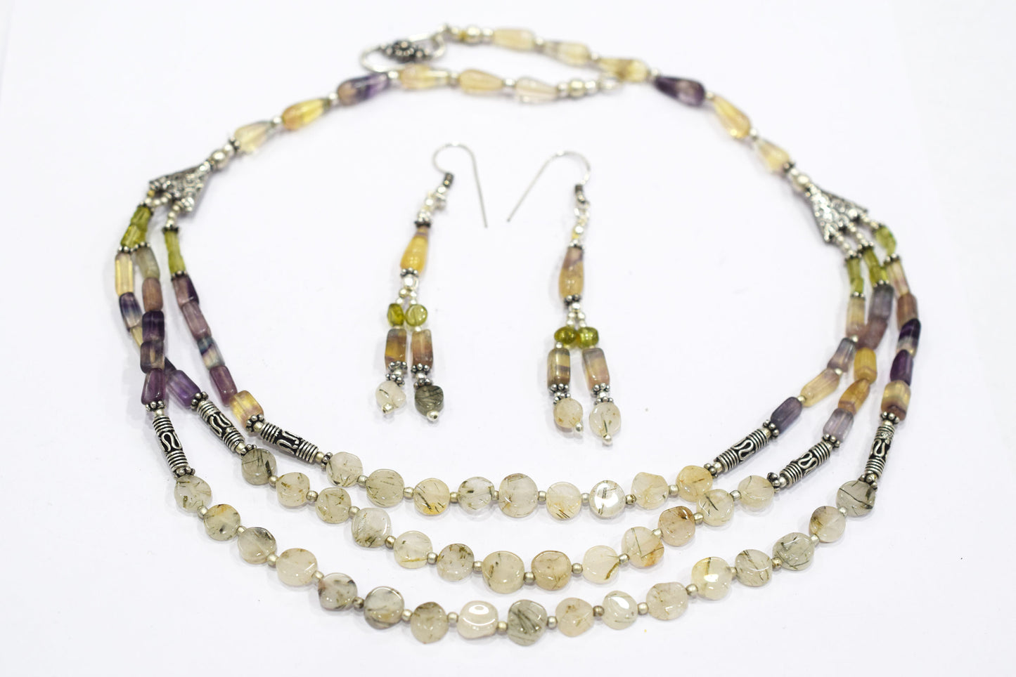 Natural Multi Fluorite Rutile and Peridot Beaded Jewelry Set - Multi-Strand Statement Necklace & Drop Earrings, Boho Healing Crystal Gift for Her, 32819