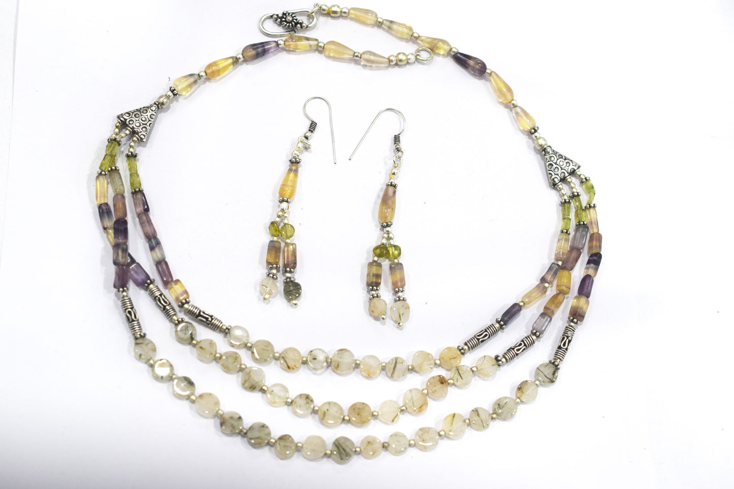 Natural Multi Fluorite Rutile and Peridot Beaded Jewelry Set - Multi-Strand Statement Necklace & Drop Earrings, Boho Healing Crystal Gift for Her, 32819