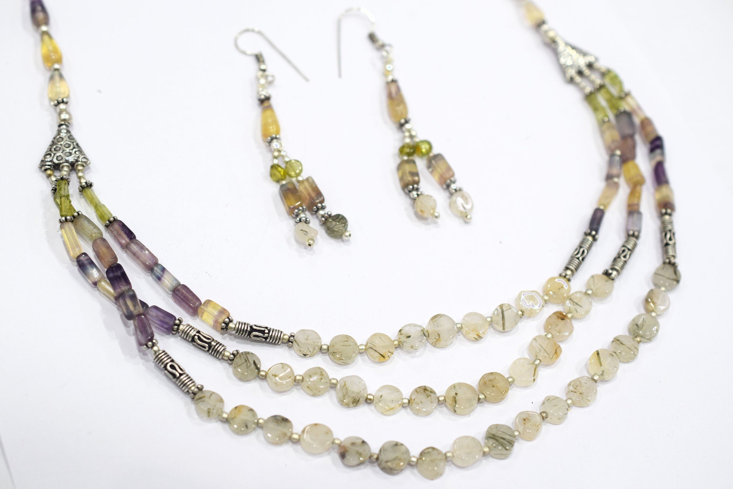 Natural Multi Fluorite Rutile and Peridot Beaded Jewelry Set - Multi-Strand Statement Necklace & Drop Earrings, Boho Healing Crystal Gift for Her, 32819