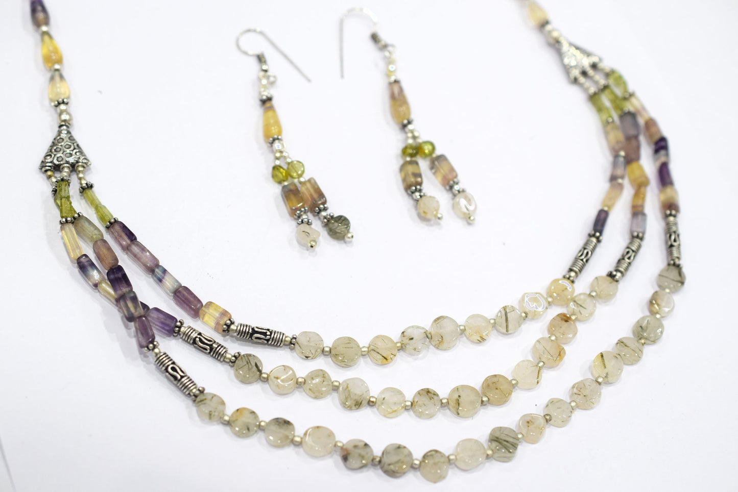 Natural Multi Fluorite Rutile and Peridot Beaded Jewelry Set - Multi-Strand Statement Necklace & Drop Earrings, Boho Healing Crystal Gift for Her, 32819