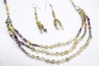 Natural Multi Fluorite Rutile and Peridot Beaded Jewelry Set - Multi-Strand Statement Necklace & Drop Earrings, Boho Healing Crystal Gift for Her, 32819