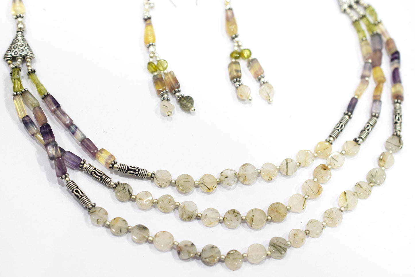 Natural Multi Fluorite Rutile and Peridot Beaded Jewelry Set - Multi-Strand Statement Necklace & Drop Earrings, Boho Healing Crystal Gift for Her, 32819