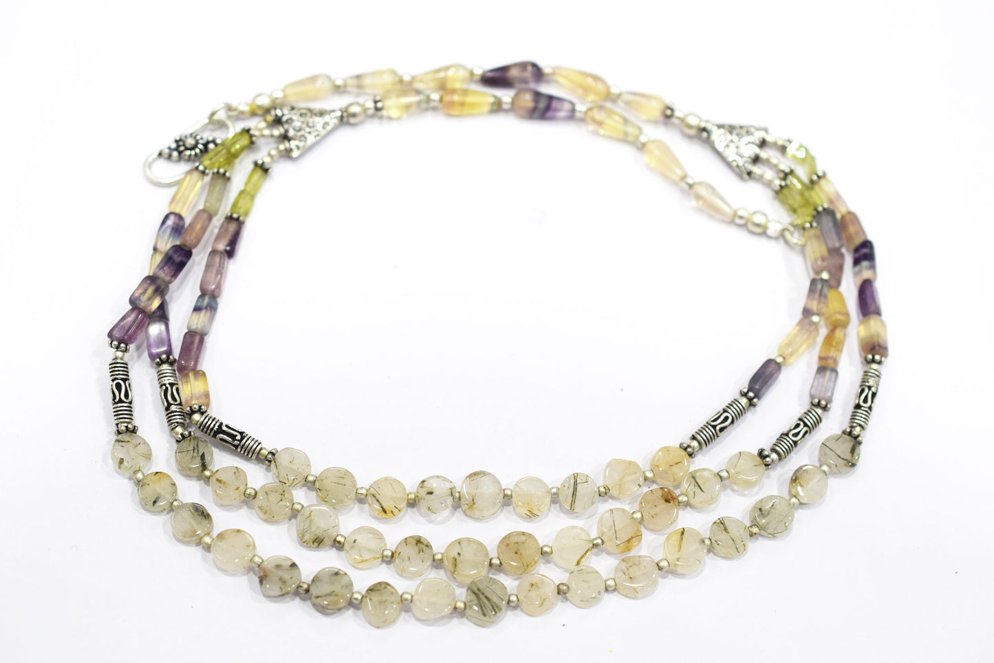 Natural Multi Fluorite Rutile and Peridot Beaded Jewelry Set - Multi-Strand Statement Necklace & Drop Earrings, Boho Healing Crystal Gift for Her, 32819