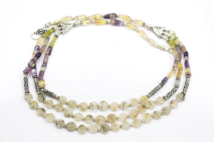 Natural Multi Fluorite Rutile and Peridot Beaded Jewelry Set - Multi-Strand Statement Necklace & Drop Earrings, Boho Healing Crystal Gift for Her, 32819