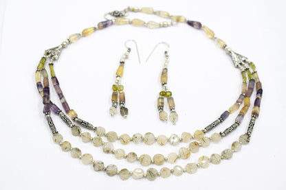 Natural Multi Fluorite Rutile and Peridot Beaded Jewelry Set - Multi-Strand Statement Necklace & Drop Earrings, Boho Healing Crystal Gift for Her, 32819
