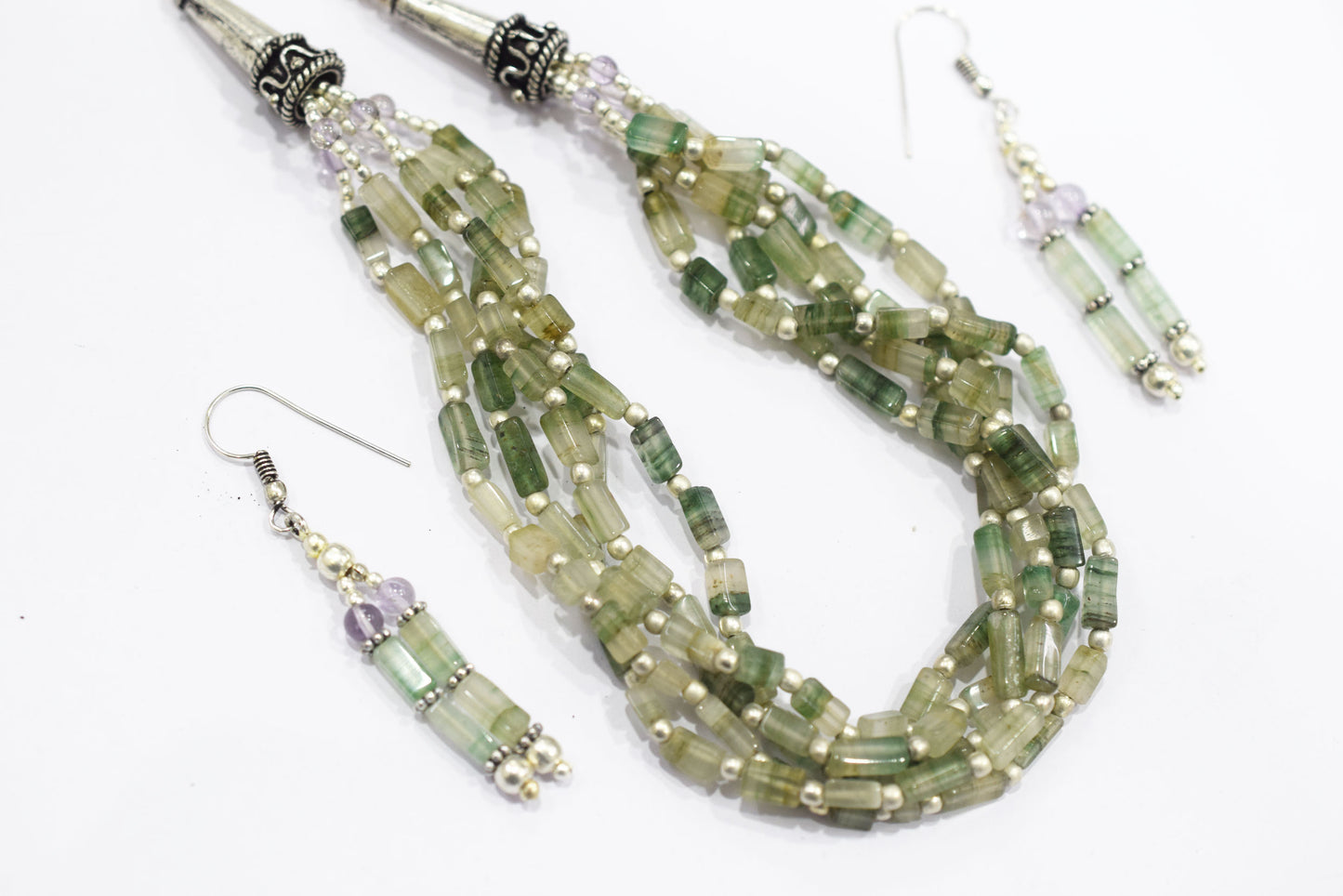 Natural Green Aventurine Multi-Strand Beaded Necklace & Drop Earrings Jewelry Set,Gift for Her, 32820