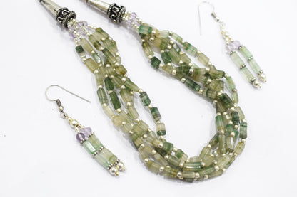 Natural Green Aventurine Multi-Strand Beaded Necklace & Drop Earrings Jewelry Set,Gift for Her, 32820