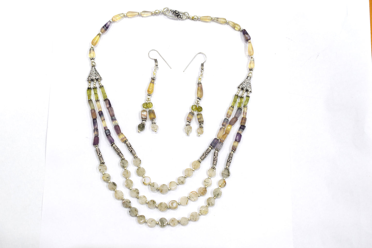 Natural Multi Fluorite Rutile and Peridot Beaded Jewelry Set - Multi-Strand Statement Necklace & Drop Earrings, Boho Healing Crystal Gift for Her, 32821