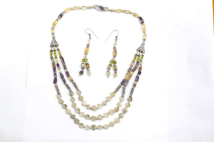 Natural Multi Fluorite Rutile and Peridot Beaded Jewelry Set - Multi-Strand Statement Necklace & Drop Earrings, Boho Healing Crystal Gift for Her, 32821