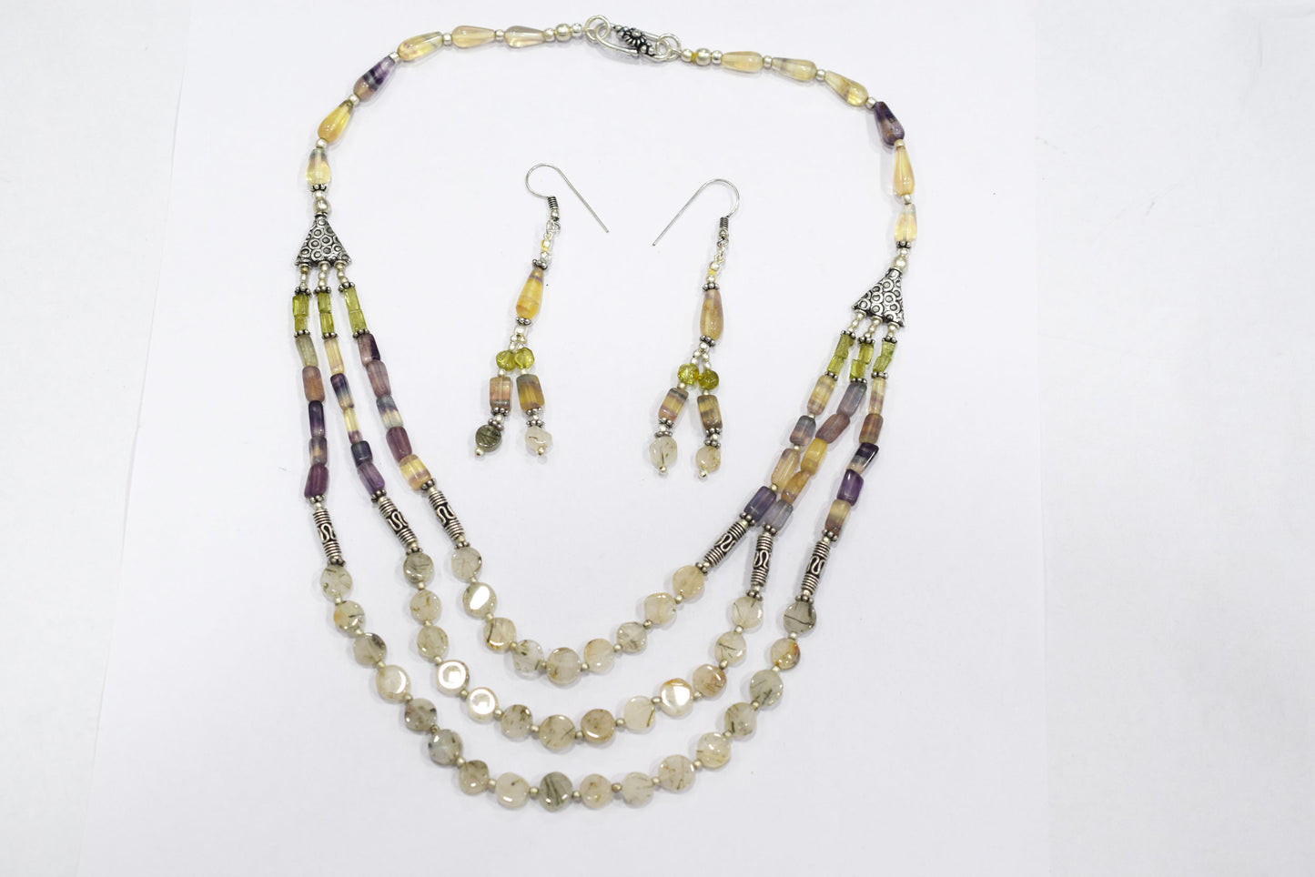 Natural Multi Fluorite Rutile and Peridot Beaded Jewelry Set - Multi-Strand Statement Necklace & Drop Earrings, Boho Healing Crystal Gift for Her, 32821