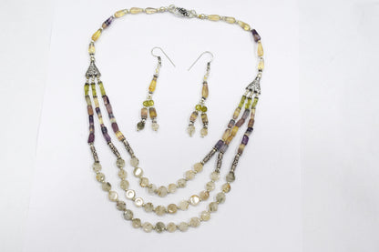 Natural Multi Fluorite Rutile and Peridot Beaded Jewelry Set - Multi-Strand Statement Necklace & Drop Earrings, Boho Healing Crystal Gift for Her, 32821