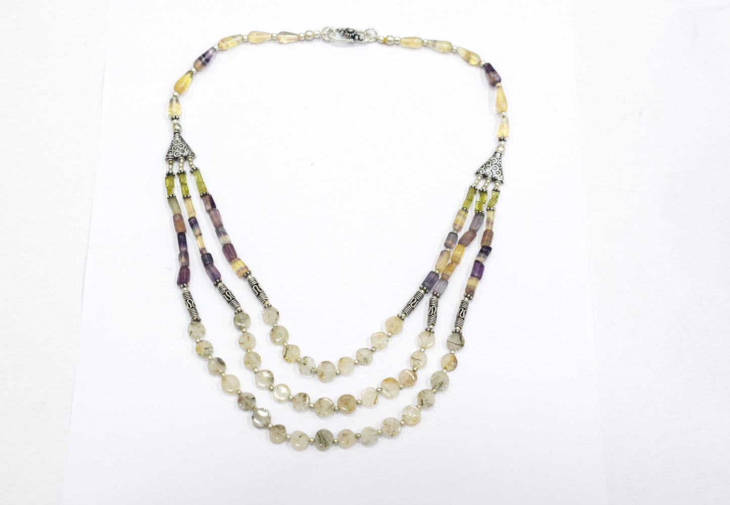 Natural Multi Fluorite Rutile and Peridot Beaded Jewelry Set - Multi-Strand Statement Necklace & Drop Earrings, Boho Healing Crystal Gift for Her, 32821