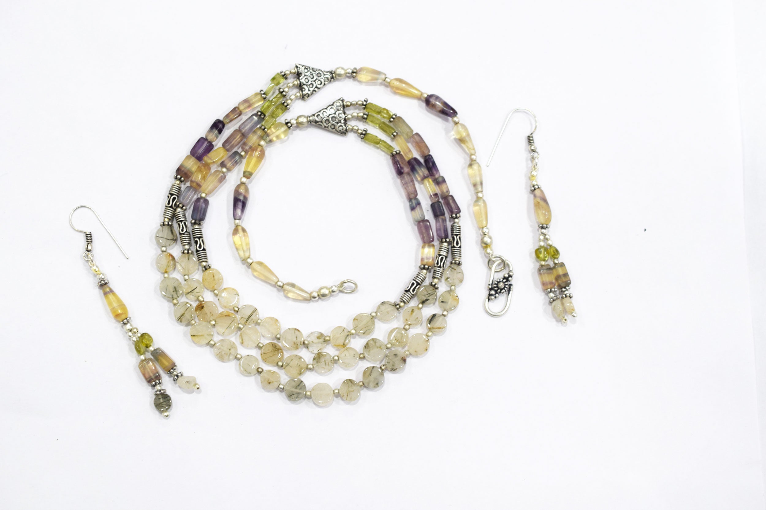 Natural Multi Fluorite Rutile and Peridot Beaded Jewelry Set - Multi-Strand Statement Necklace & Drop Earrings, Boho Healing Crystal Gift for Her, 32821