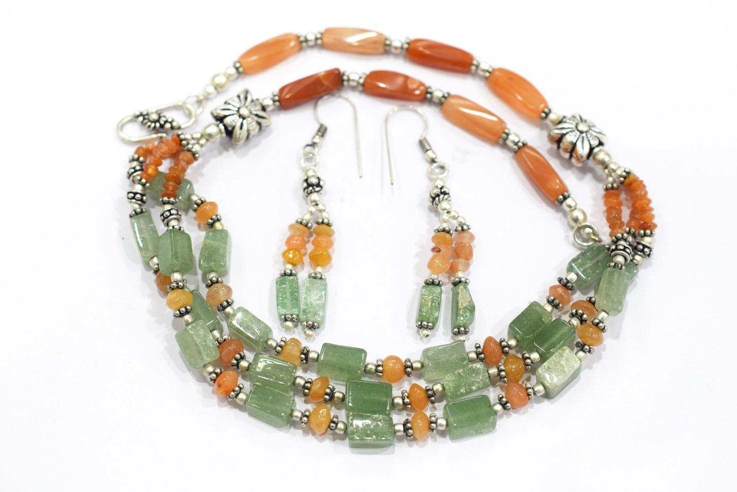 Natural Carnelian and Green Aventurine Multi-Strand Jewelry Set - Beaded Statement Necklace & Drop Earrings, Boho Healing Crystal Gift for Her, 32822
