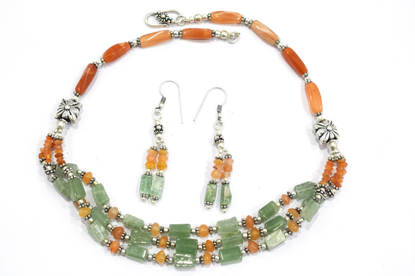 Natural Carnelian and Green Aventurine Multi-Strand Jewelry Set - Beaded Statement Necklace & Drop Earrings, Boho Healing Crystal Gift for Her, 32822