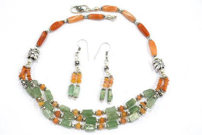 Natural Carnelian and Green Aventurine Multi-Strand Jewelry Set - Beaded Statement Necklace & Drop Earrings, Boho Healing Crystal Gift for Her, 32822