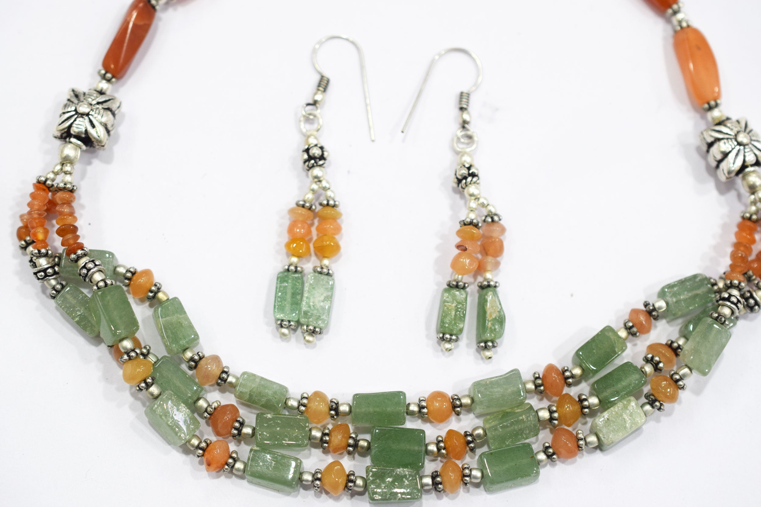 Natural Carnelian and Green Aventurine Multi-Strand Jewelry Set - Beaded Statement Necklace & Drop Earrings, Boho Healing Crystal Gift for Her, 32822
