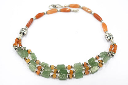Natural Carnelian and Green Aventurine Multi-Strand Jewelry Set - Beaded Statement Necklace & Drop Earrings, Boho Healing Crystal Gift for Her, 32822