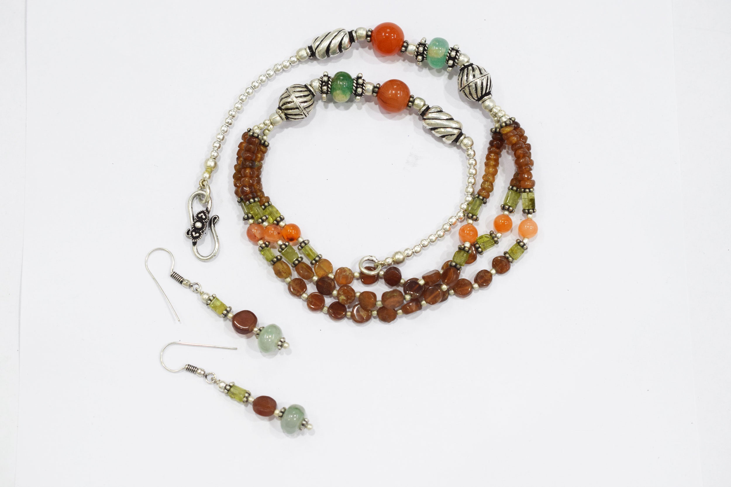 Hessonite and Carnelian Beaded Necklace Set, Natural Peridot & Green Quartz Jewelry Set for Women, 32823