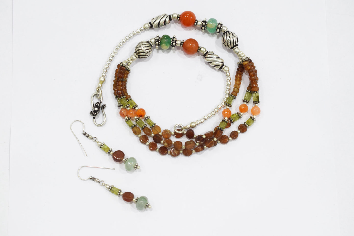 Hessonite and Carnelian Beaded Necklace Set, Natural Peridot & Green Quartz Jewelry Set for Women, 32823