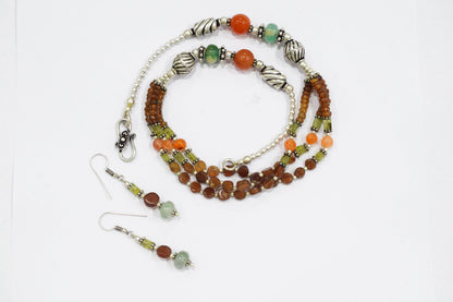 Hessonite and Carnelian Beaded Necklace Set, Natural Peridot & Green Quartz Jewelry Set for Women, 32823
