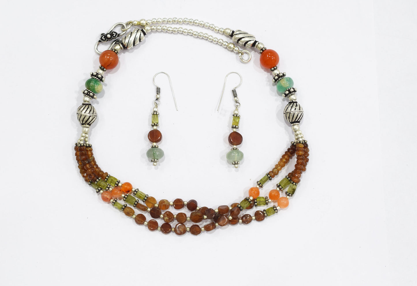 Hessonite and Carnelian Beaded Necklace Set, Natural Peridot & Green Quartz Jewelry Set for Women, 32823