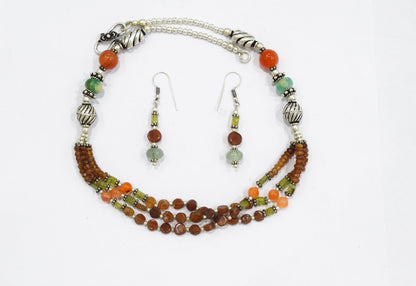 Hessonite and Carnelian Beaded Necklace Set, Natural Peridot & Green Quartz Jewelry Set for Women, 32823