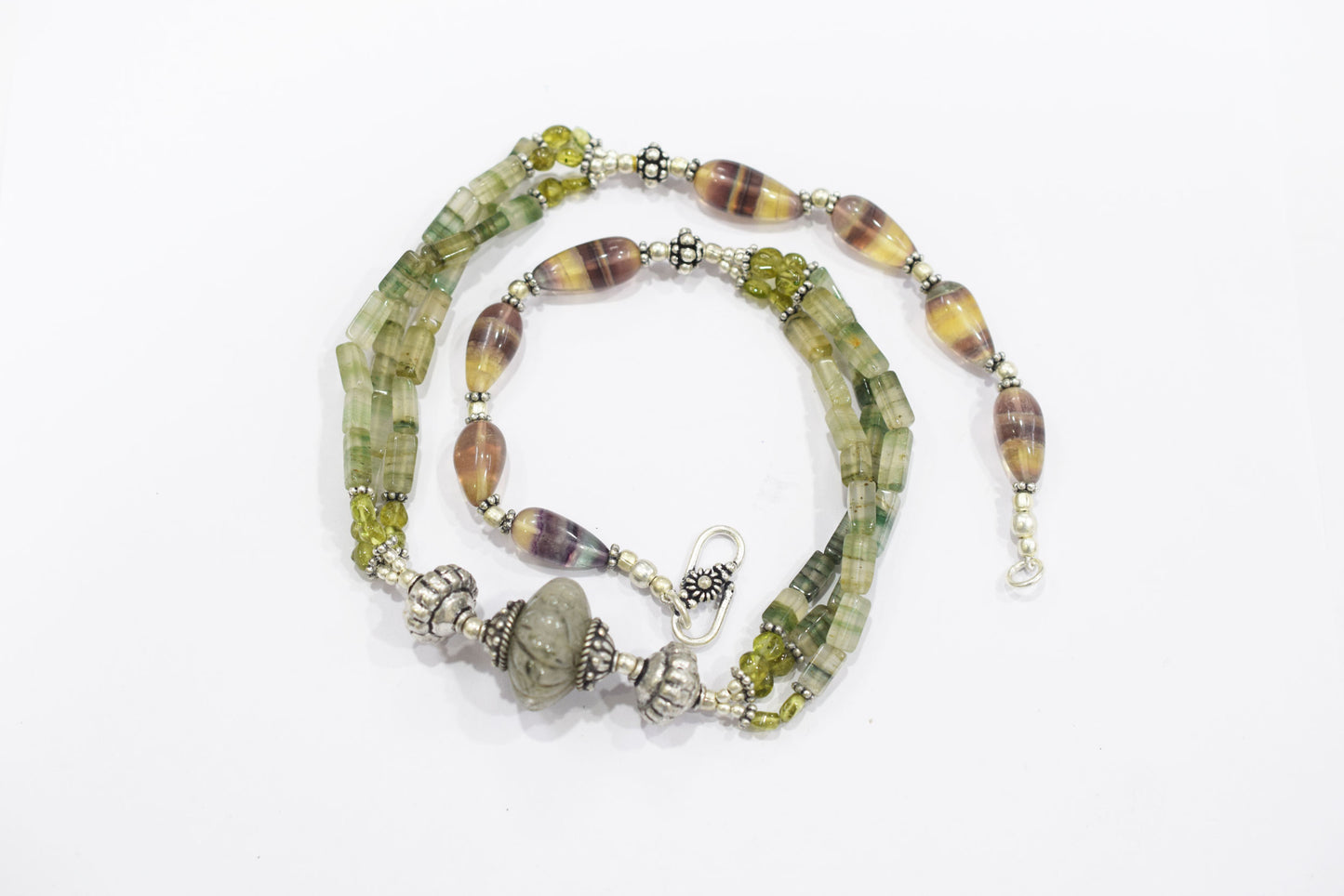 Natural Rainbow Fluorite Peridot Rutile Green Aventurine Layered Necklace Set, Mixed Gemstone Jewelry with Dangle Earrings, 32824