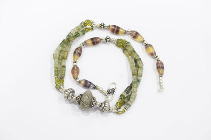 Natural Rainbow Fluorite Peridot Rutile Green Aventurine Layered Necklace Set, Mixed Gemstone Jewelry with Dangle Earrings, 32824