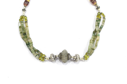 Natural Rainbow Fluorite Peridot Rutile Green Aventurine Layered Necklace Set, Mixed Gemstone Jewelry with Dangle Earrings, 32824