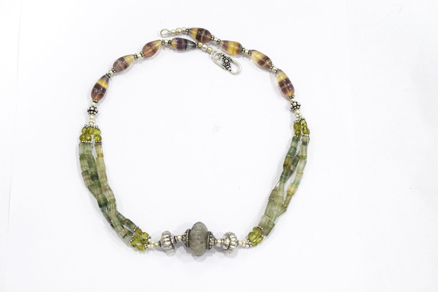 Natural Rainbow Fluorite Peridot Rutile Green Aventurine Layered Necklace Set, Mixed Gemstone Jewelry with Dangle Earrings, 32824