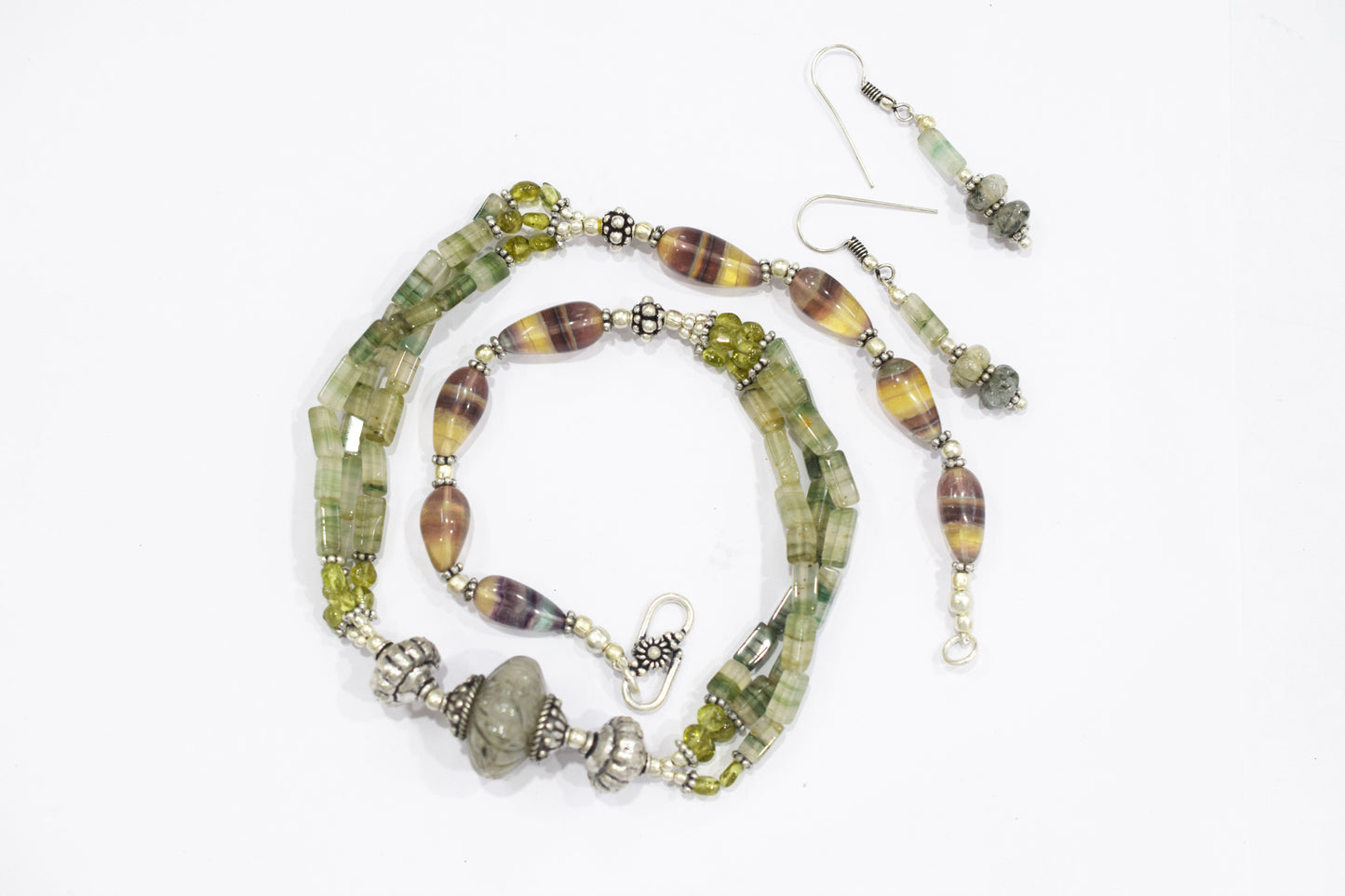 Natural Rainbow Fluorite Peridot Rutile Green Aventurine Layered Necklace Set, Mixed Gemstone Jewelry with Dangle Earrings, 32824