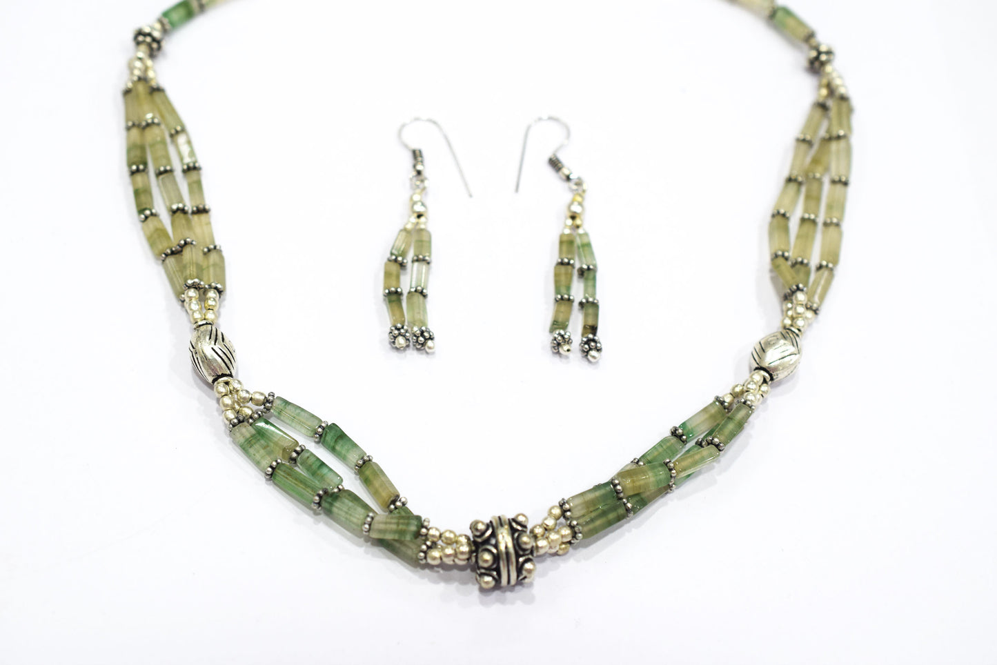 Natural Green Aventurine Multi Strand Necklace Set with Dangle Earrings, Handmade Layered Gemstone, 32825