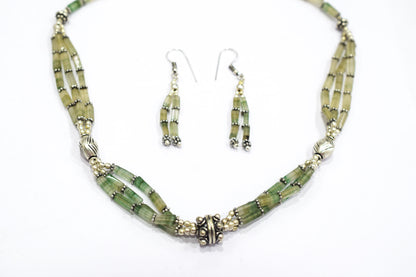 Natural Green Aventurine Multi Strand Necklace Set with Dangle Earrings, Handmade Layered Gemstone, 32825