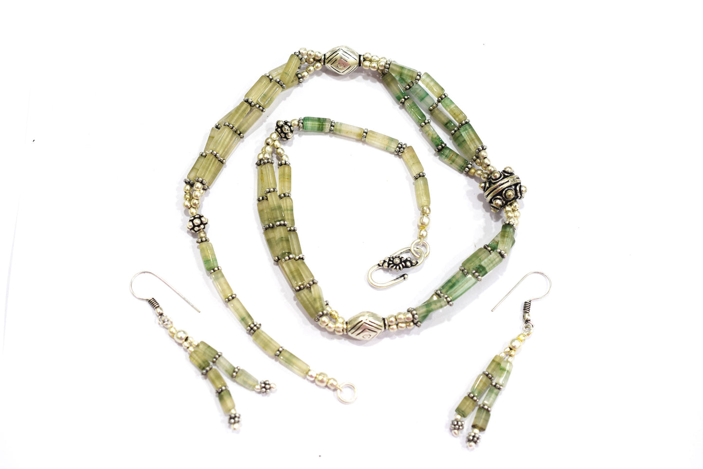 Natural Green Aventurine Multi Strand Necklace Set with Dangle Earrings, Handmade Layered Gemstone, 32825
