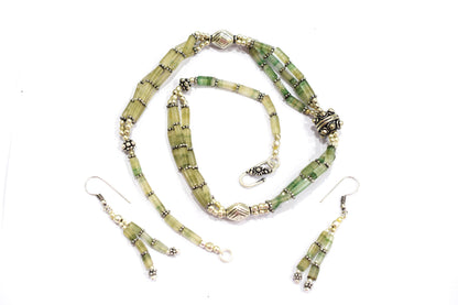 Natural Green Aventurine Multi Strand Necklace Set with Dangle Earrings, Handmade Layered Gemstone, 32825