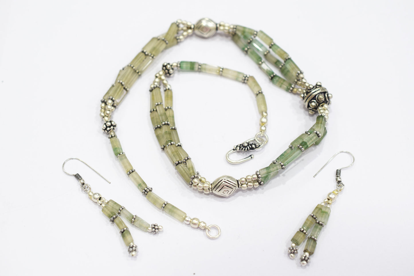 Natural Green Aventurine Multi Strand Necklace Set with Dangle Earrings, Handmade Layered Gemstone, 32825