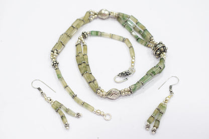 Natural Green Aventurine Multi Strand Necklace Set with Dangle Earrings, Handmade Layered Gemstone, 32825