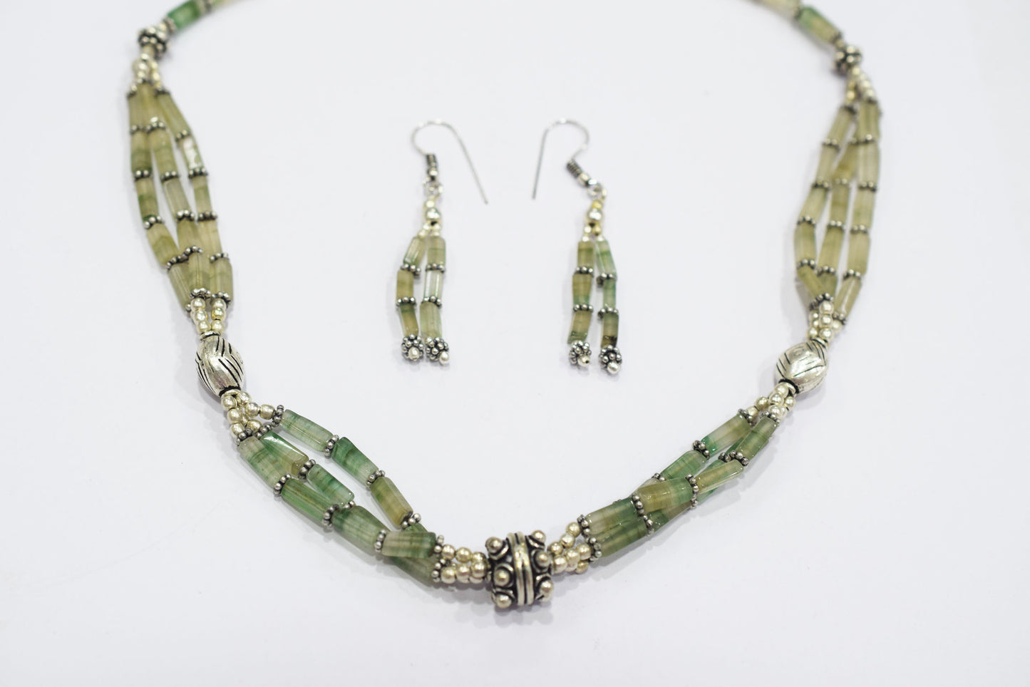 Natural Green Aventurine Multi Strand Necklace Set with Dangle Earrings, Handmade Layered Gemstone, 32825