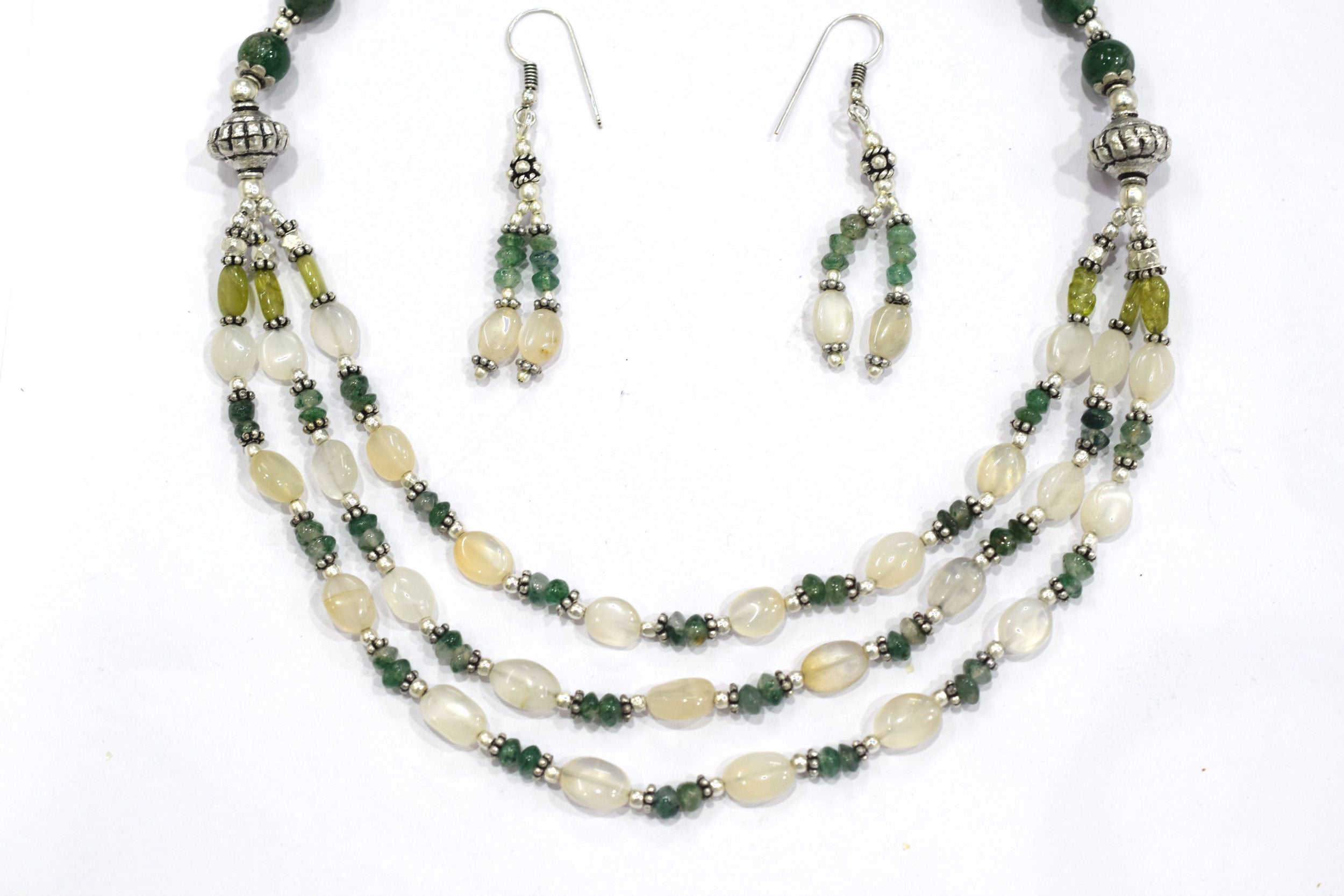 Natural Moonstone Peridot and Green Aventurine Necklace Set, 3 Strand Beaded Statement Necklace, Boho Gemstone Jewelry Set with Earrings, 32826