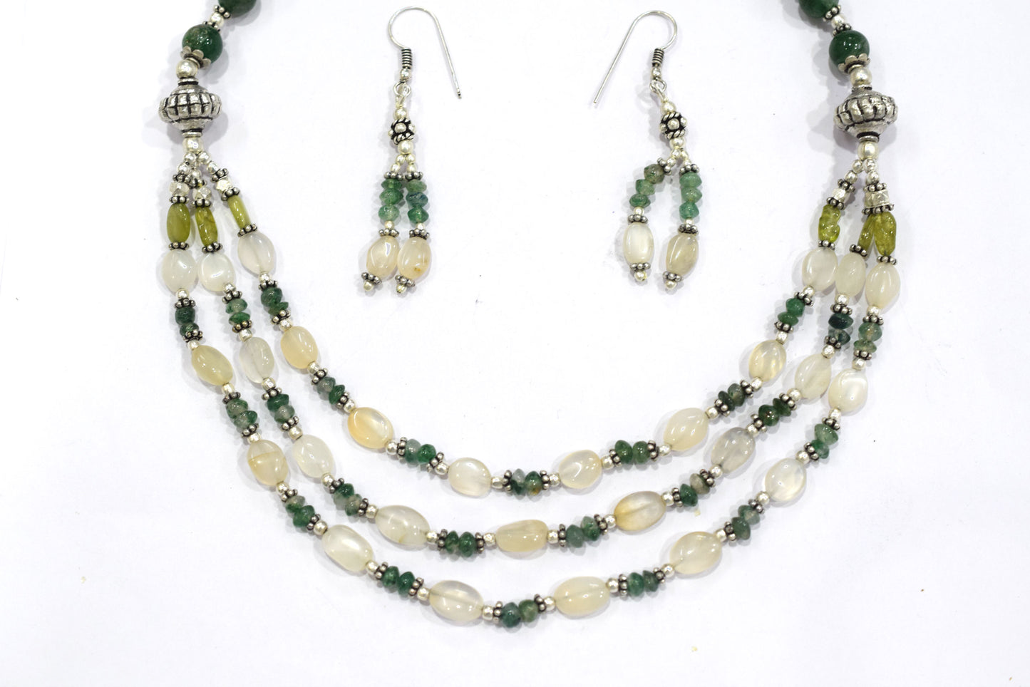 Natural Moonstone Peridot and Green Aventurine Necklace Set, 3 Strand Beaded Statement Necklace, Boho Gemstone Jewelry Set with Earrings, 32826