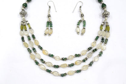 Natural Moonstone Peridot and Green Aventurine Necklace Set, 3 Strand Beaded Statement Necklace, Boho Gemstone Jewelry Set with Earrings, 32826