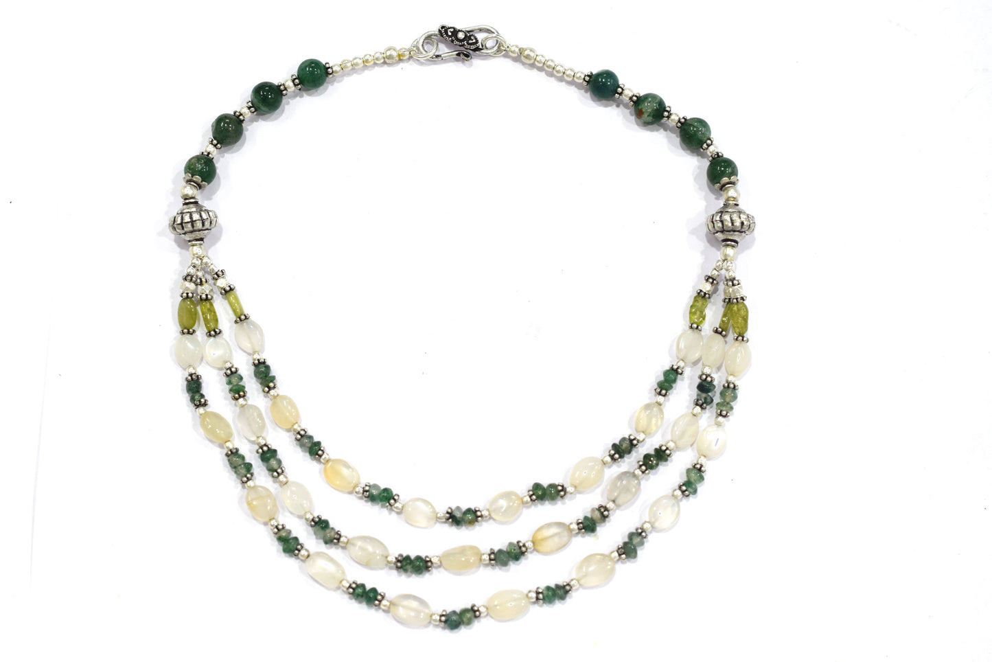Natural Moonstone Peridot and Green Aventurine Necklace Set, 3 Strand Beaded Statement Necklace, Boho Gemstone Jewelry Set with Earrings, 32826